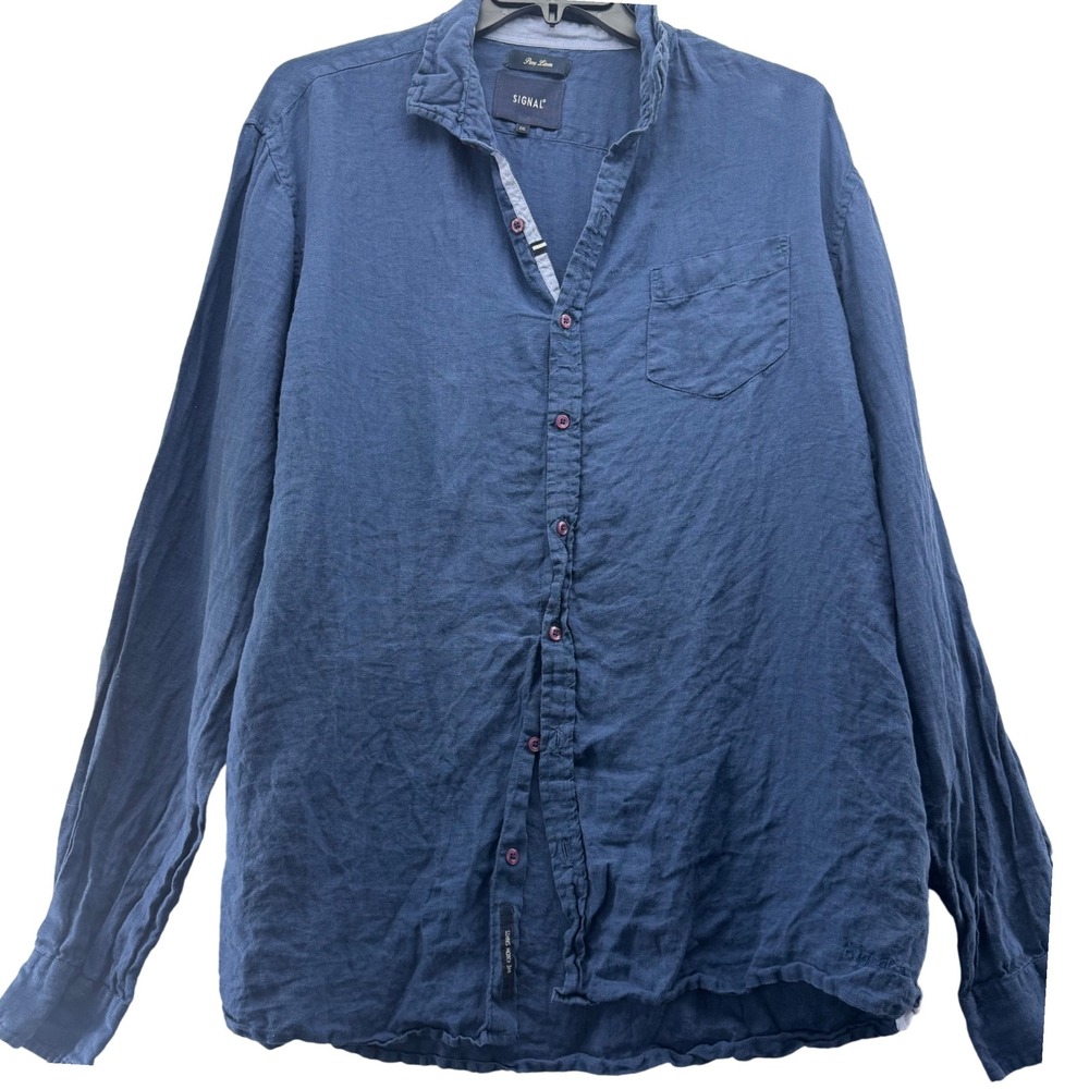 Signal Men's 2XL Blue 100%‎ Linen Button Down Long Sleeve Casual Shirt
